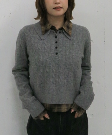 ケーブルポロニット×シャツセット