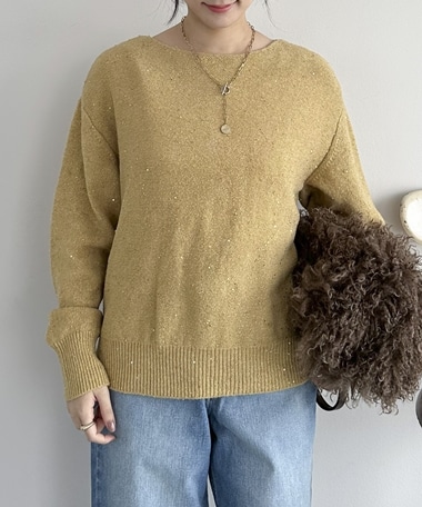 スパンコールボートネックニット