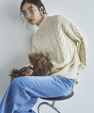 ケーブルハイネックニットプルオーバー