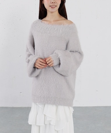 スパンコールフェザーオフショルミドルニットプルオーバー