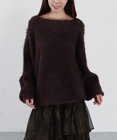 スパンコールフェザーオフショルミドルニットプルオーバー