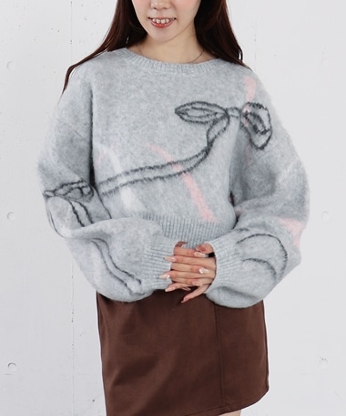 リボンジャガードショートニットプルオーバー