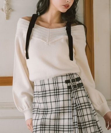 ベロアリボンリブオフショルニットプルオーバー