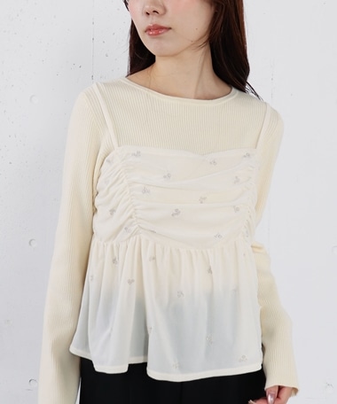 花柄刺繍ベロアビスチェ×リブニットプルオーバーＳＥＴ