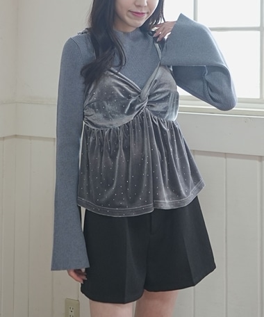 ラインストーンベロアビスチェ×フレアリブニットＳＥＴ