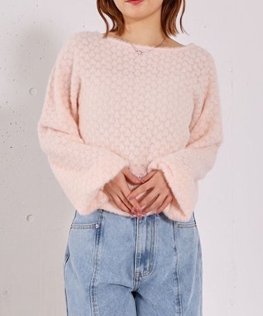 バックリボン透かしニットプルオーバー