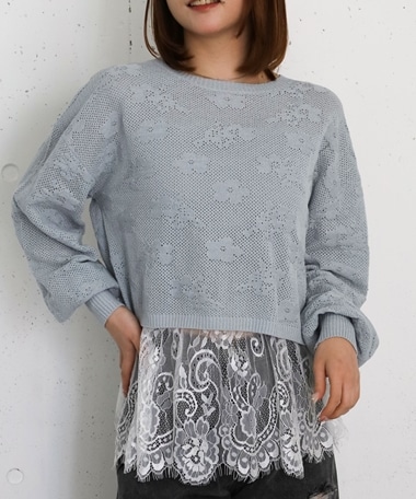 透かし編み花柄ニットプルオーバー