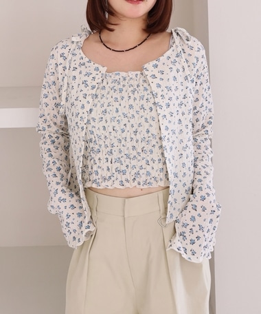 小花柄シャーリングビスチェカットアンサンブル
