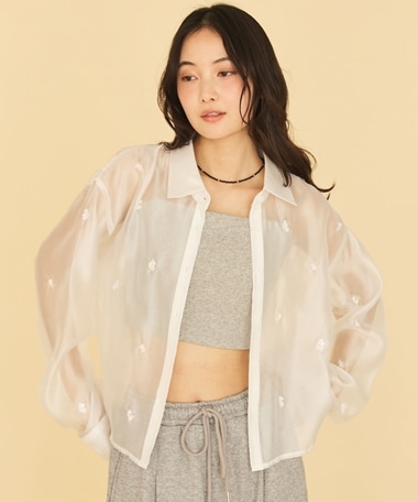 ビーズ花柄刺繍シアーショートシャツ