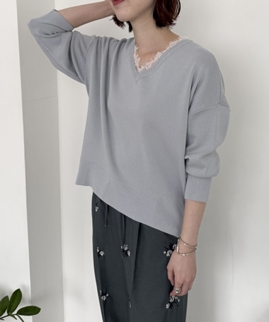 衿レースＶネックニットプルオーバー