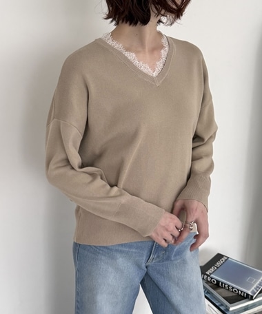 衿レースＶネックニットプルオーバー