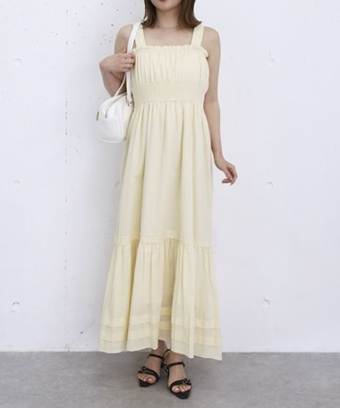 コットンレースギャザーノースリワンピース