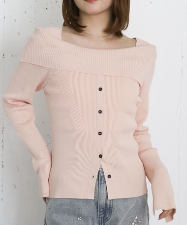 フロントボタンライトオフショルニットプルオーバー