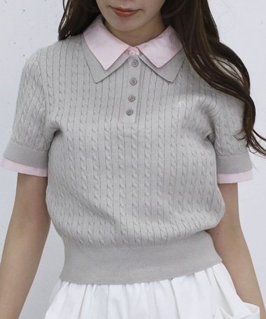 シャツレイヤードハーフスリーブケーブルニットプルオーバー