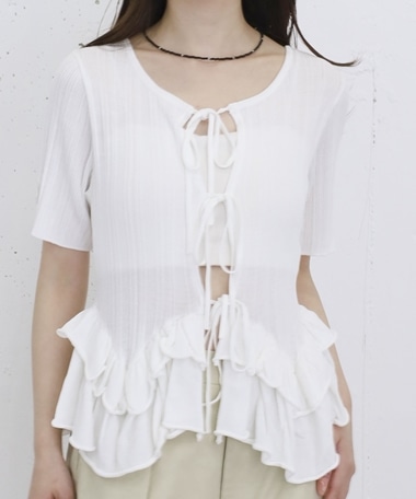 ラウンドフリルフロントリボンニットカーディガン