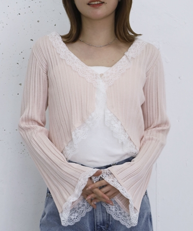 レーストリム透かしニットカーディガン