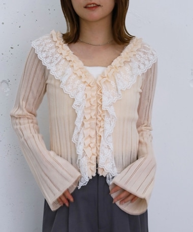 フロントレースフリルニットカーディガン
