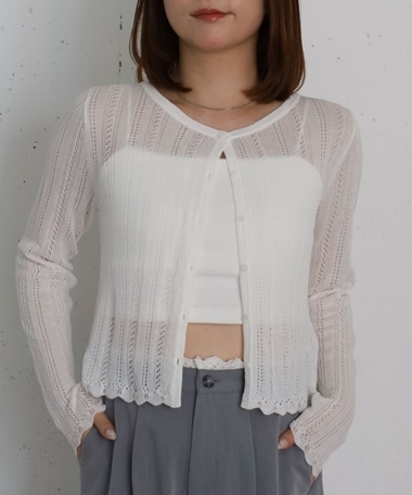 透かし編みラウンドネックコンパクトカーディガン