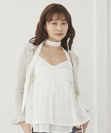 七分袖シアーフリルニットカーディガン