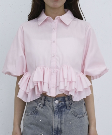 ラウンドフリルバルーンスリーブシャツ