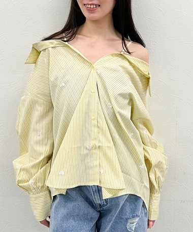 花柄刺繍ストライプ2wayオフショルシャツ