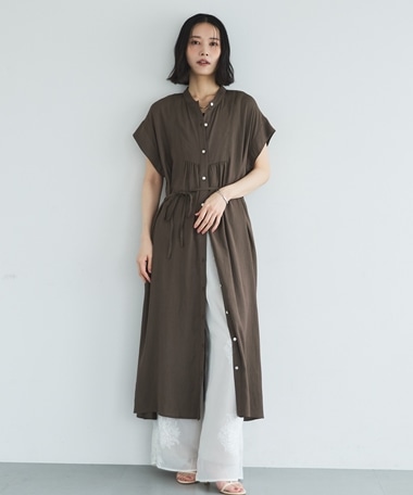 ウォッシャブルリネンライクバンドカラーシャツワンピーズ