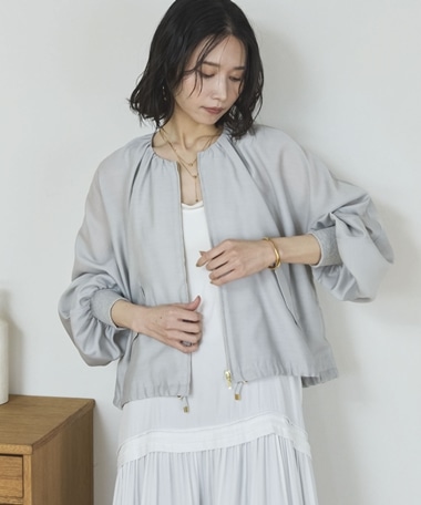 麻調シアーネックギャザーブルゾン