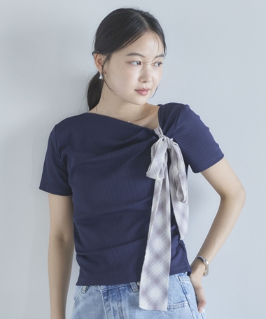 ２ｗａｙチェックシフォンリボンドレープカットＴＯＰＳ