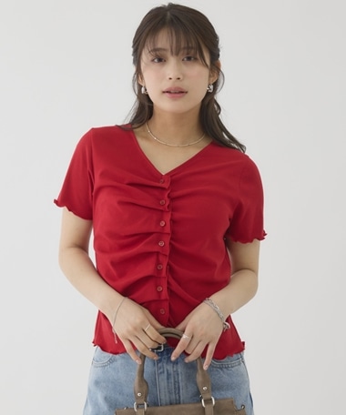 ハーフスリーブフロントタックカットＴＯＰＳ