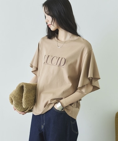 袖フリルプリントTシャツ
