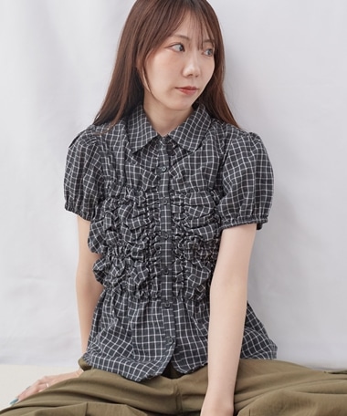 チェックランダムシャーリングシャツブラウス
