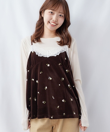 レーストリム花刺繍ベロアキャミチュニック