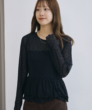 フロッキードットアソートフリルカットＴＯＰＳ
