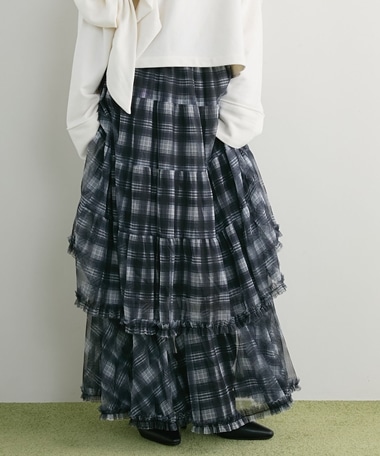 チェックチュールフリルティアードスカート
