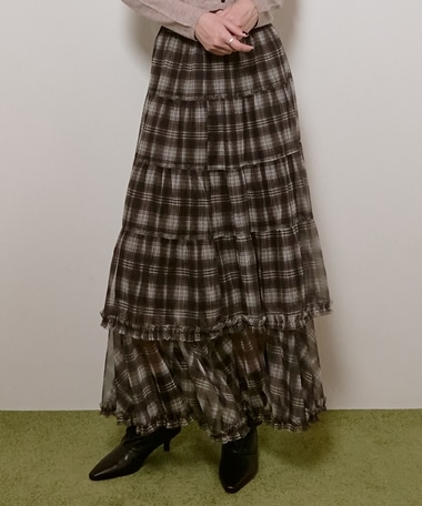 チェックチュールフリルティアードスカート